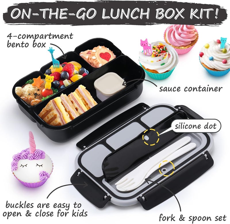 QQKO Bento Box for Kids Adults, School Toddler Lunch Box for Boys Girls, Lunch Box Containers with 4 Compartments, Sauce Container, Utensils, Food Picks and Muffin Cups for School, Black Gray - Image 3